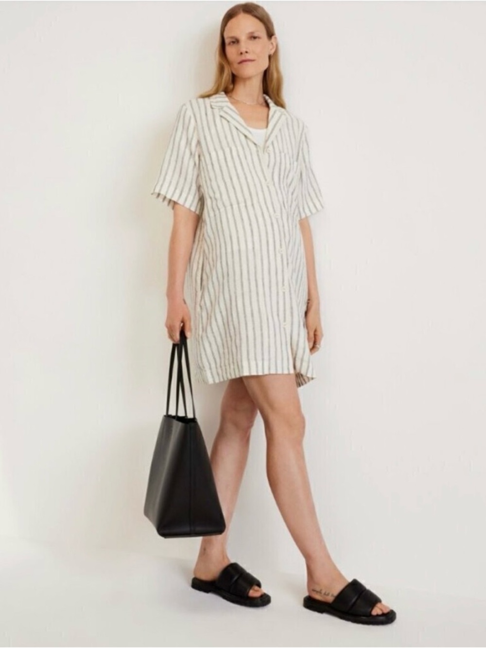 Everlane Cream Mini Shirt Dress with Thin Gray Stripes